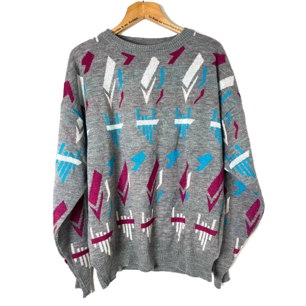 Vintage Fine Line Grandpa sweater size XL gray multi color Retro 80s Wool Blend